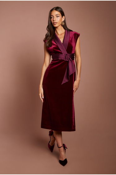 Velvet Tux Midi Dress With Satin Lapel