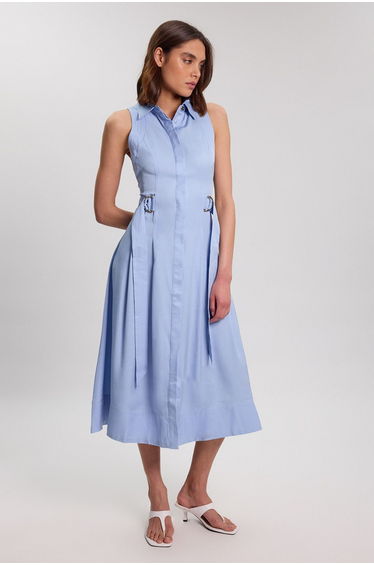 Premium Viscose Linen Topstitch Halter Neck Woven Dress With D Ring Detail