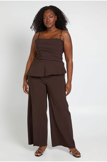 Plus Bengaline Bead Detail Asym Ruched Top & Wide Leg Trouser Co Ord - chocolate