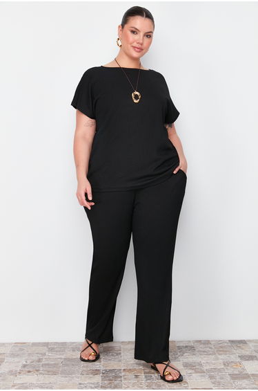 Black T-shirt-Pants Knitted Two Piece Set