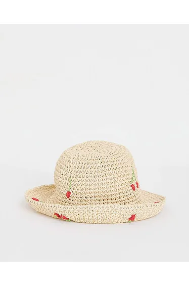 Cherry Embroidered Raffia Hat