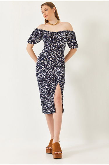 Women's Carmen Collar Slit Summer Knitted Dress