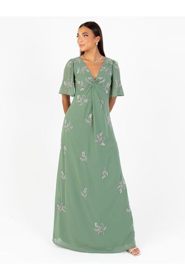 Dark Sage Embellished Knot Front & Angel Sleeve Maxi Dress