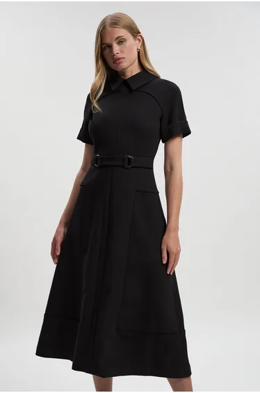 Compact Stretch Tab Detail Full Skirted Midi Dress