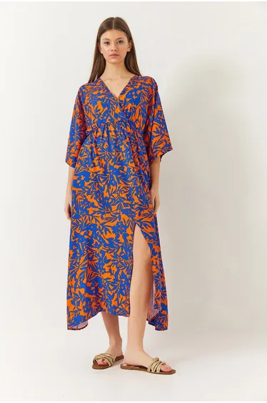 Women's Double Breasted V Neck Front Slit Detail Print Dress