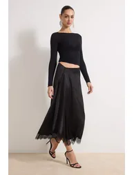 Black Asymmetric Cut Lace Paneled Satin Skirt - 1