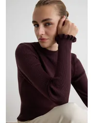 Plum Collar Ruffle Premium Yarn/Special Yarn Knitwear Sweater - 1