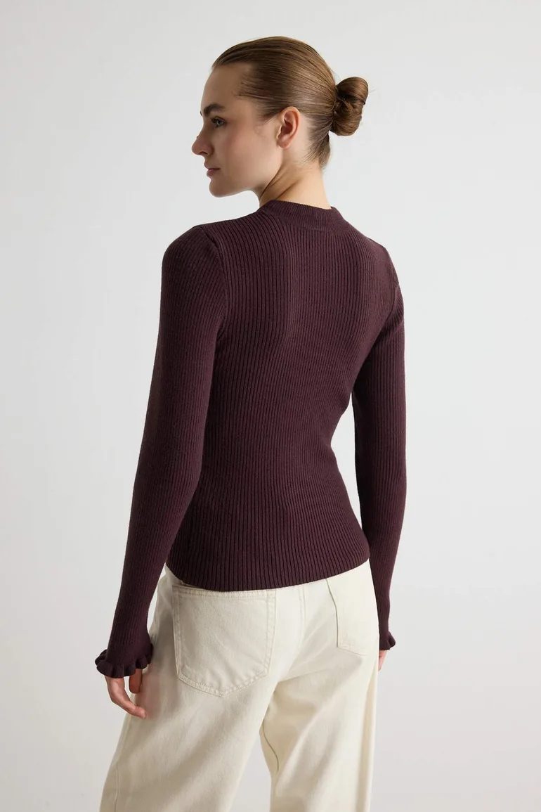 Plum Collar Ruffle Premium Yarn/Special Yarn Knitwear Sweater - 3