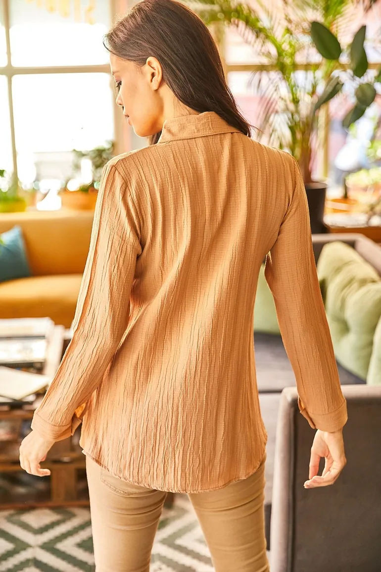 Women's Camel Jacquard Textured Woven Shirt - 1