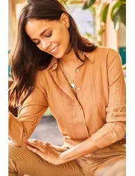 Women's Camel Jacquard Textured Woven Shirt - 4