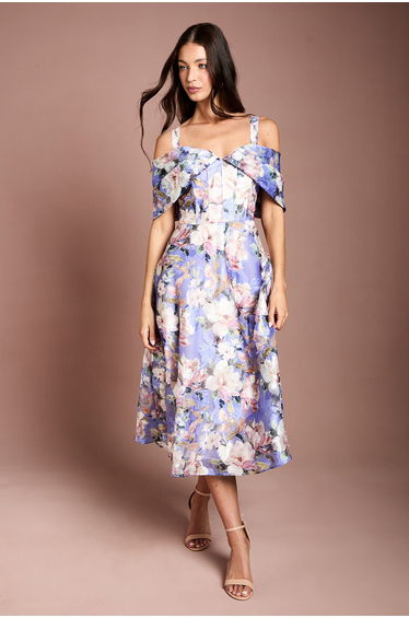 Corseted Bardot Jacquard Midi Dress
