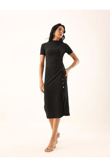 Black Textured Midi Dress with Side Slit
