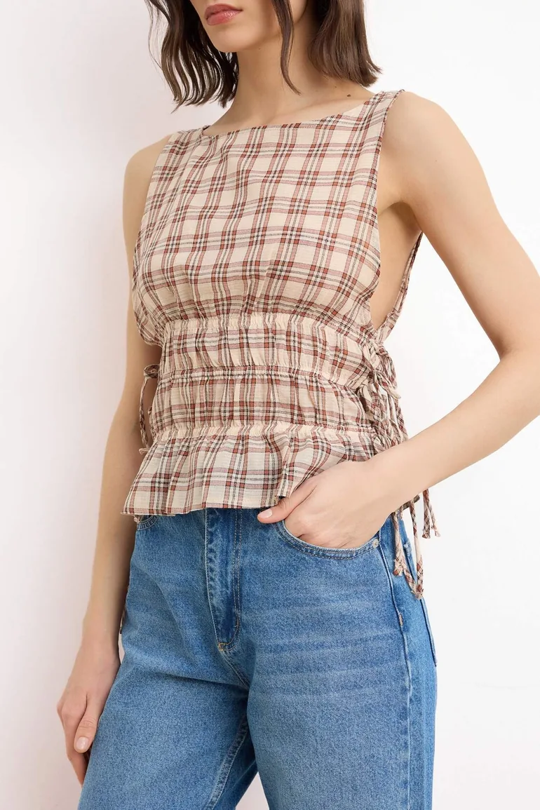 Beige Woven Blouse with Side Tie Detail - 2