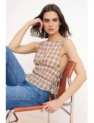 Beige Woven Blouse with Side Tie Detail