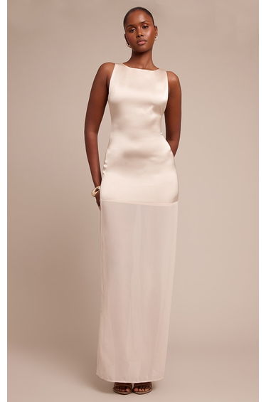 Stone Satin Boat Neck Chiffon Detail Maxi Dress