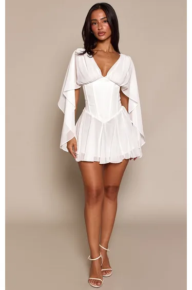 Petite White Corset Waist Chiffon Drape Sleeve Godet Mini Dress