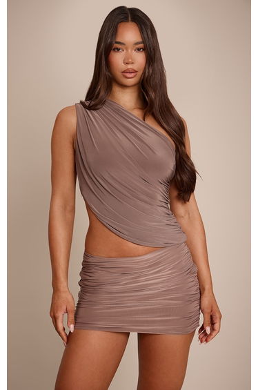 Deep Taupe Slinky Asymmetric Ruched Top
