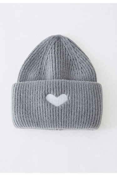 Heart Patch Folded Beanie Hat in Grey