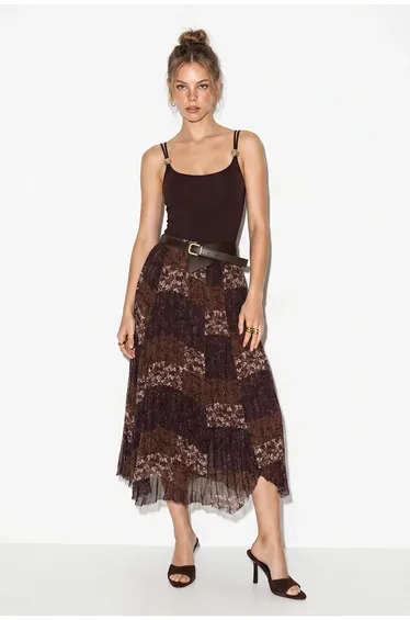 LUCCI High Waist Paisley Print Midi Skirt with Belt