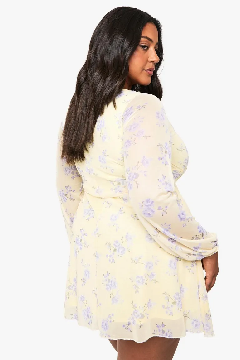 Plus Floral Mesh Milkmaid Mini Dress - cream - 2