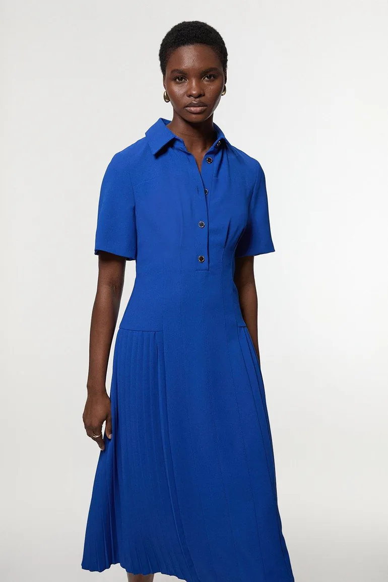 Tailored Crepe Pleated Panelled Shirt Dress - 1