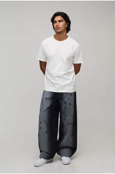 Fade Wash Extreme Distressed Baggy Fit Jeans - washed black