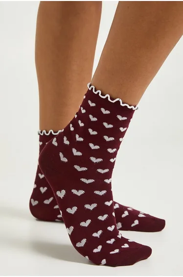 Love Heart Print Frill Socks - burgundy