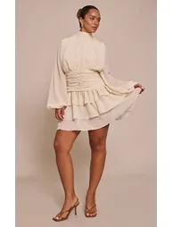 Shape Butter Cream Chiffon Ruched Tiered Frill Mini Dress - 2