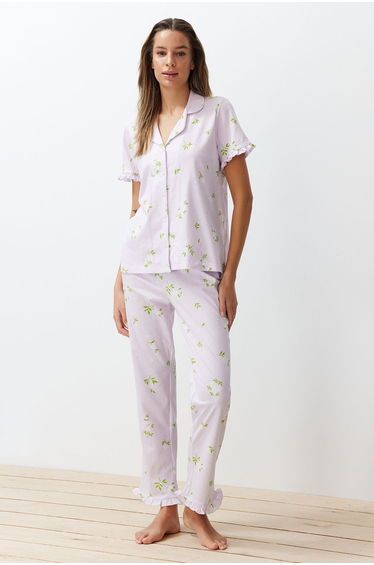 Pink-Multicolor 100% Cotton Floral Ruffle Detailed Knitted Pajamas Set