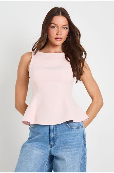 Crepe Tie back Racer Neck Top - pink