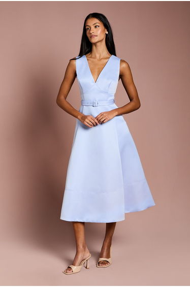 Petite V Neck Structured Satin Belted Midi Dress