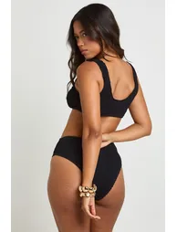 Textured Gold Trim Scoop Neck Bikini Top & High Waist Bikini Bottoms - black - 1