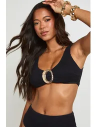 Textured Gold Trim Scoop Neck Bikini Top & High Waist Bikini Bottoms - black - 3
