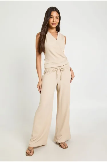 V Neck Wrap Over Deep Hem Top and Wide Leg Trouser Coord - stone