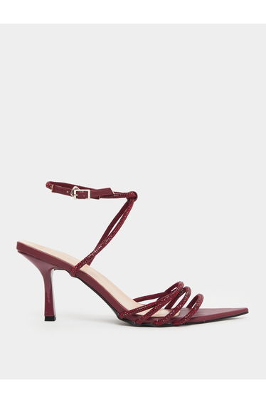Burgundy Diamante Stiletto Heel Sandals