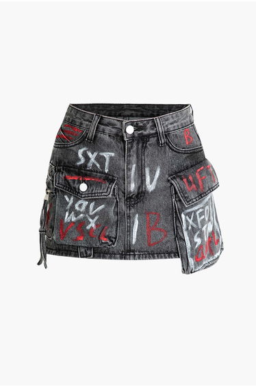 Graffiti Flap Pocket Denim Mini Skirt