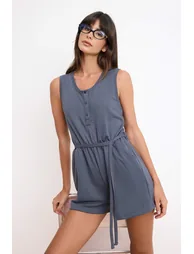 Anthracite Wide Leg Pool Collar Sleeveless Wide Leg Short / Mini Pique Knitted Jumpsuit - 1