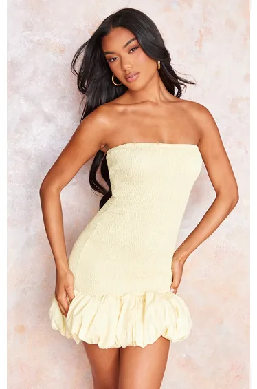 Lemon Shirred Bandeau Bodycon Dress