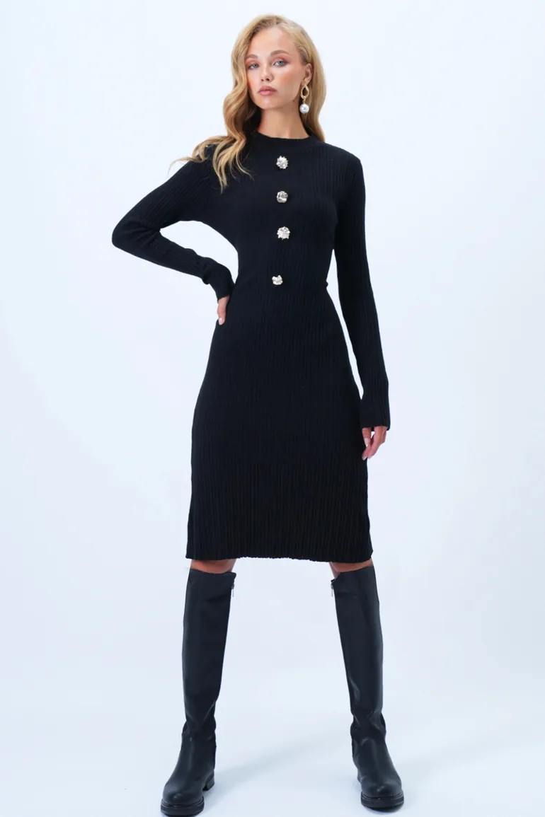 Women's Black Crew Neck Self-Textured Button Detailed Midi Length Dress - 4