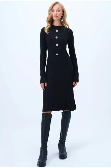 Women's Black Crew Neck Self-Textured Button Detailed Midi Length Dress
