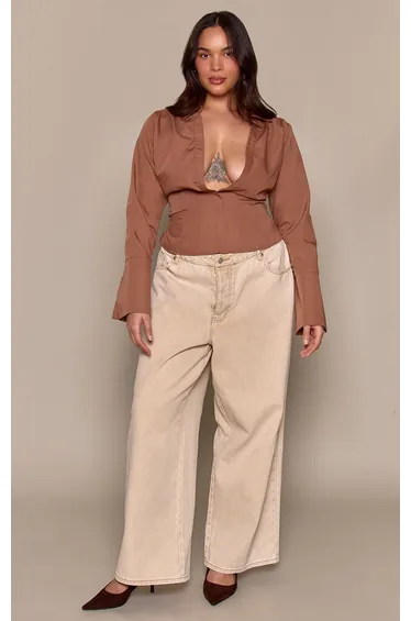 Plus Chocolate Cinched Tie Waist Shirt