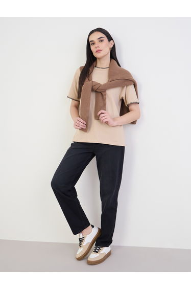 Cream Cotton T-Shirt with Overlock Stitch