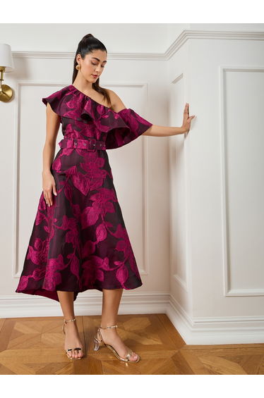 Women Pink Floral One Shoulder A-Line Midi Dress