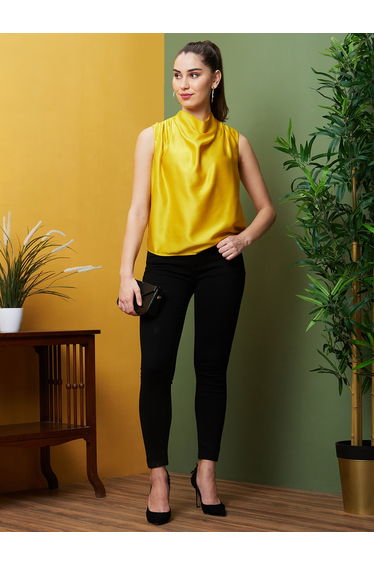 Women Yellow Solid Cowl Neck Satin Top