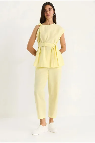 LUCCI Textured Cotton Crop Tunic and Pants Set with Tie Closure