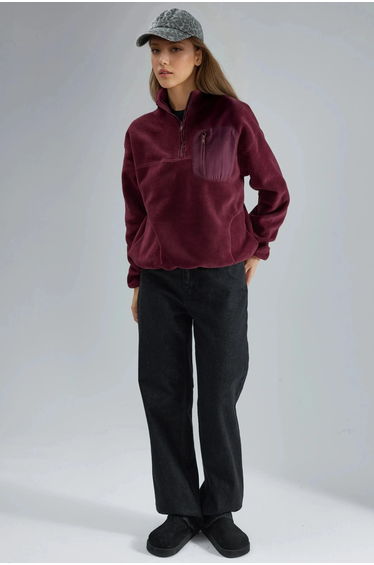 BUSEM Zipper Collar Plush Knit Sweatshirt with Pocket
