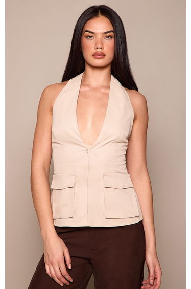 Stone Woven Utility Pocket Halterneck Top