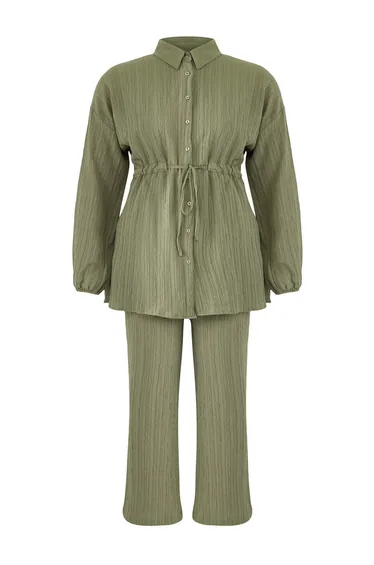 Large Size Khaki Elastic Belted Woven Bottom-Top Set