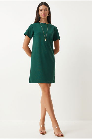 Women's Emerald Green Crew Neck Basic Crepe Dress