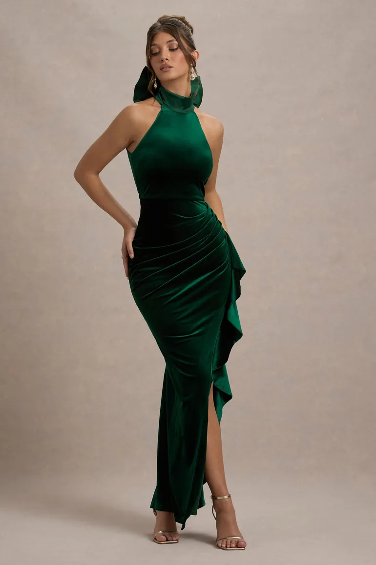 Shop Janiya | Green Velvet High-Neck Ruffled Split Maxi Dress Online in Iraq Shop Janiya | Green Velvet High-Neck Ruffled Split Maxi Dress Online in Iraq
